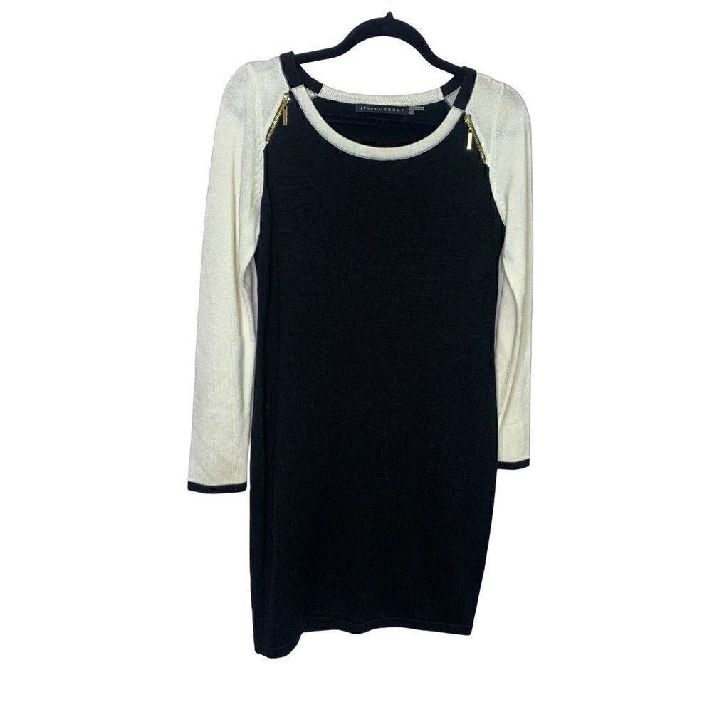 Ivanka Trump Knit Sweater Dress Black And White Long Sleeve Small Gold Zippers